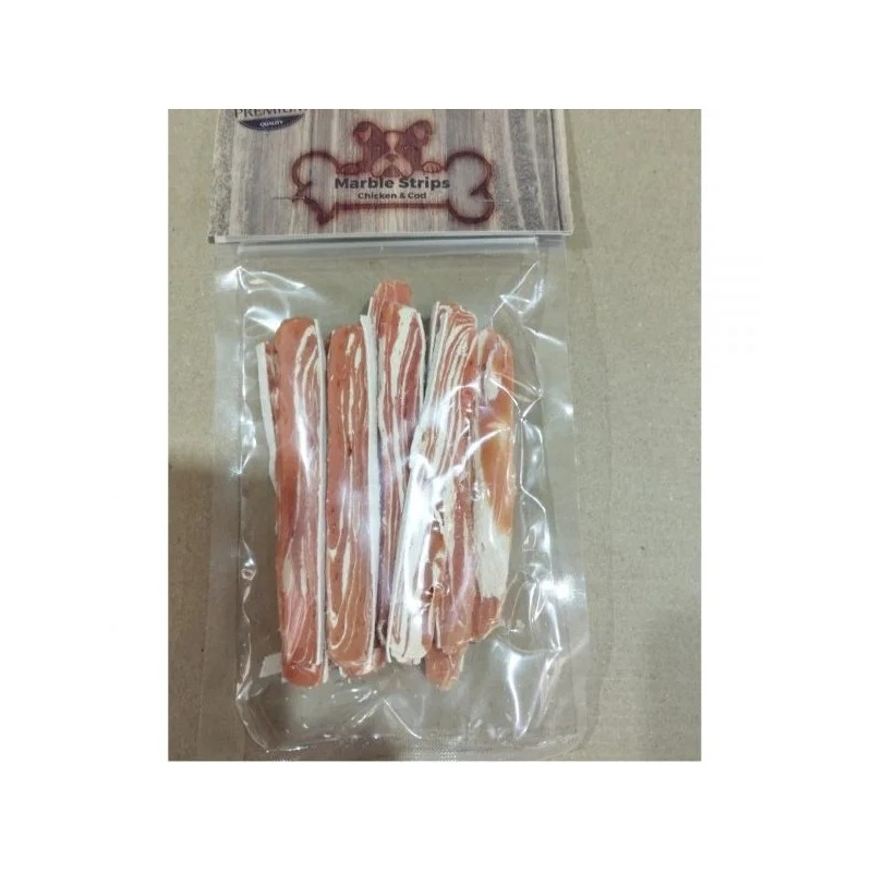 Tiras de Pollo con Bacalao 100 g, snack nutritivo y sabroso para mascotas